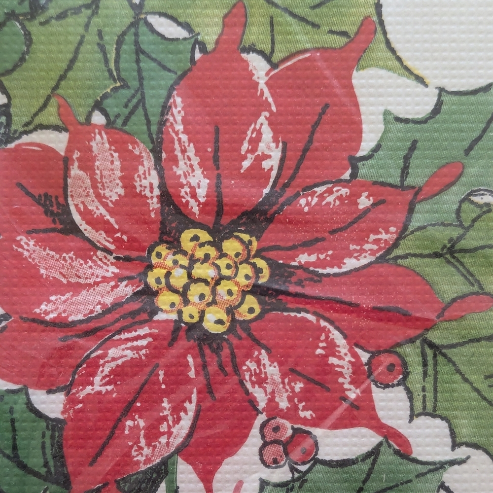Vintage Christmas C. A. Reed Table Cover, 52x96in, Poinsettias and Holly